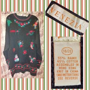 Venezia Blk/Multicollr Christmas Print Soft Knit Tunic Sweater 18/20 Y2K Vintage